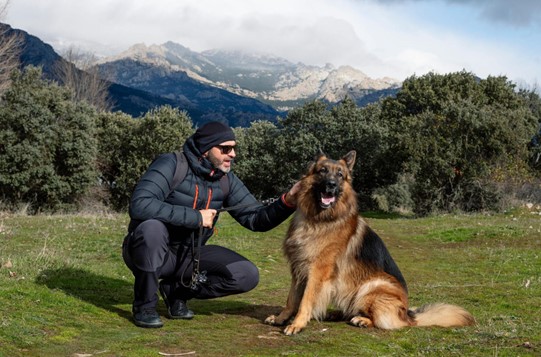 Um cão Pastor-alemão sentado olhando para frente enquanto um homem conversa com ele e faz carinho, ao fundo montanhas e vegetação. 