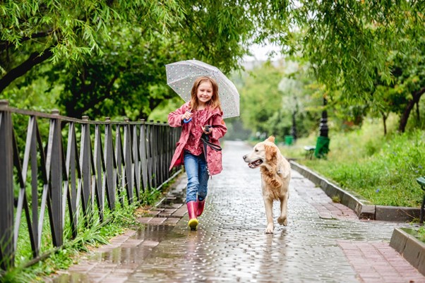 Uma criança com uma sombrinha andando com um cachorro.