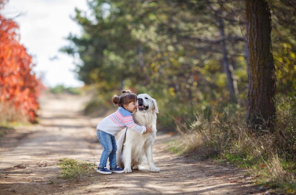 Uma menina abraçando um Golden Retriever