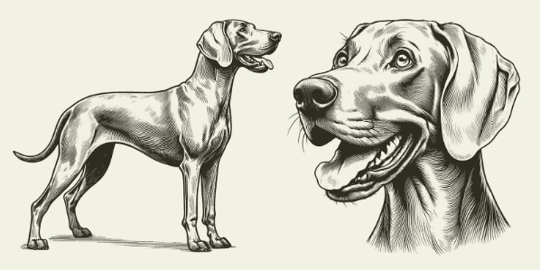 Uma ilustração de um cão, primeiro corpo inteiro, depois o rosto. 