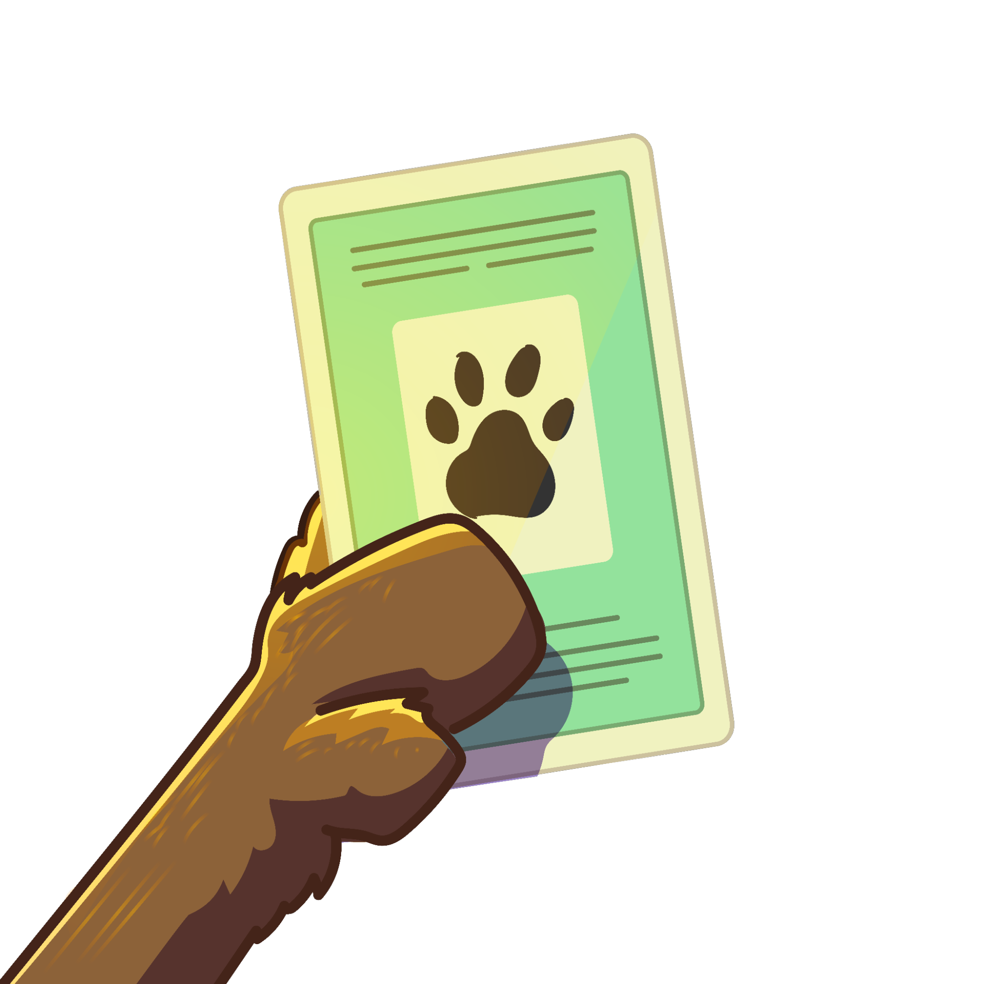 Uma ilustração de uma pata segurando um documento com uma patinha e texto.