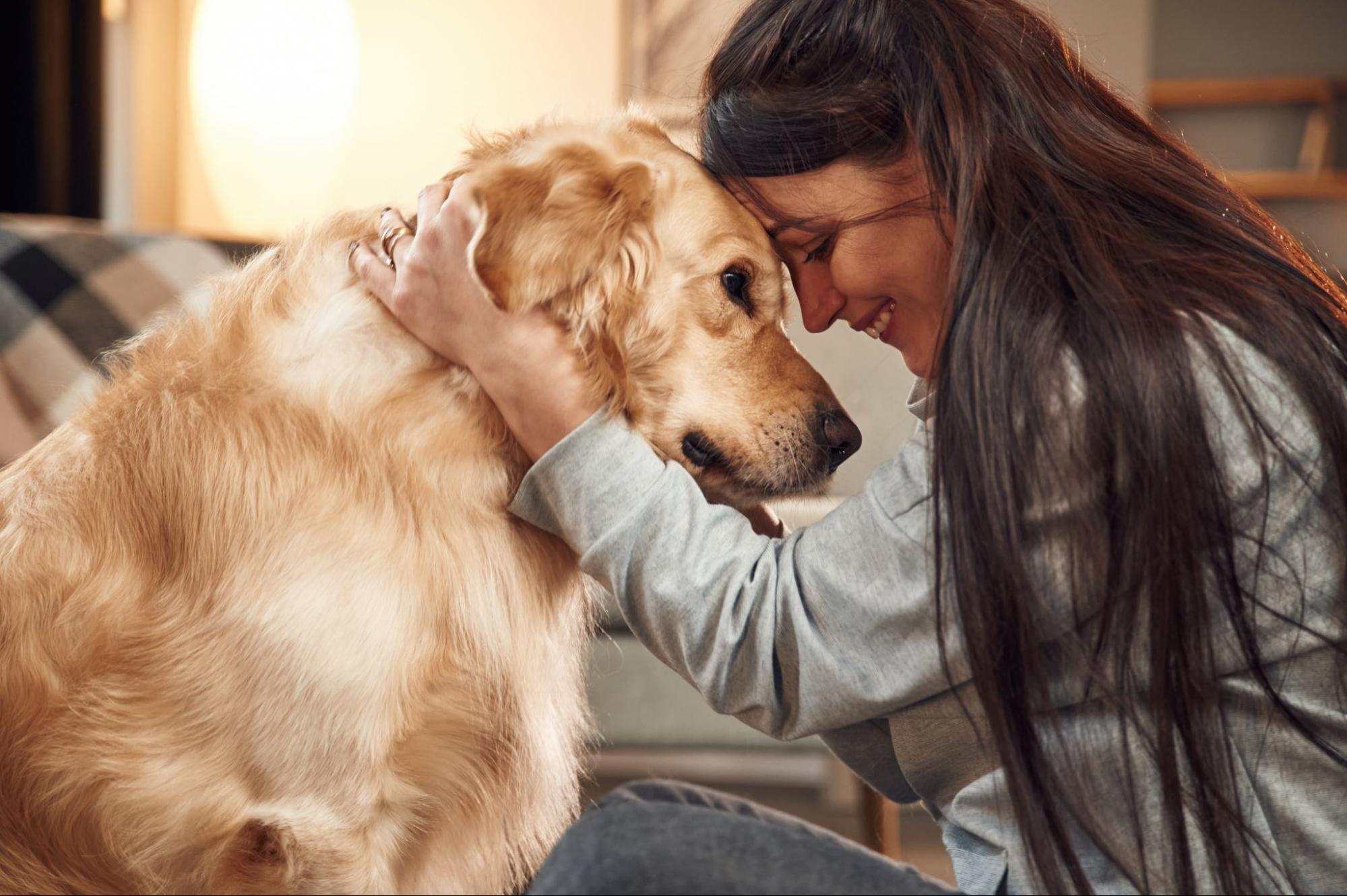 Um cão e uma tutora com as cabeças se encostando.