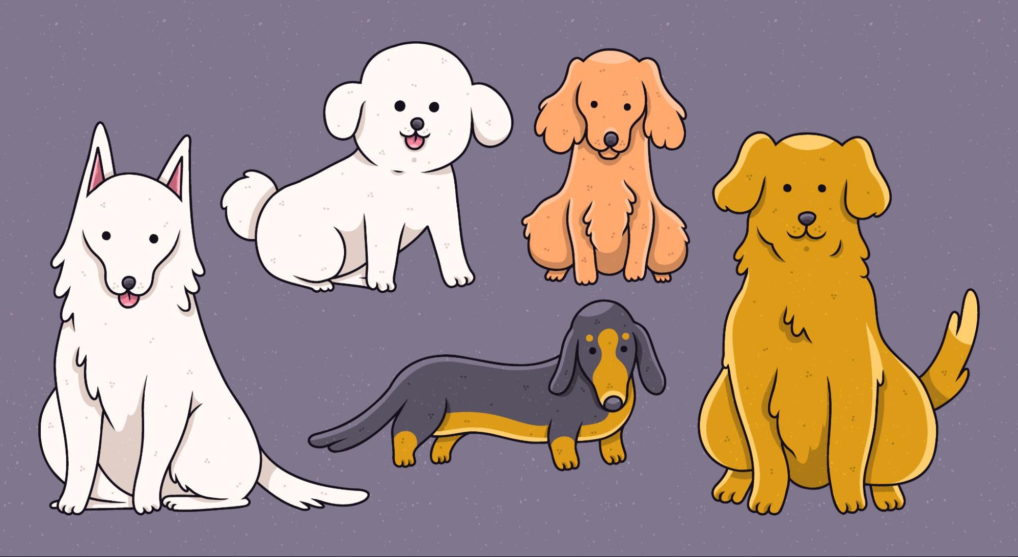 Ilustração de vários cães de raças diferentes com traços fofos.