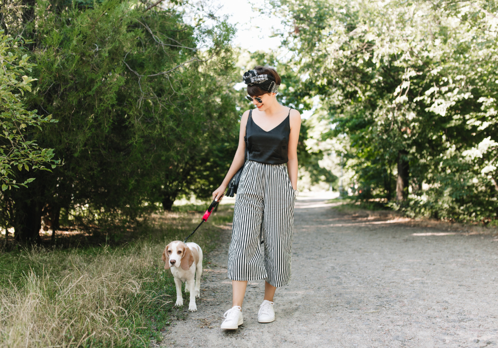 Uma mulher passeando com um cão de coleira em um local arborizado.