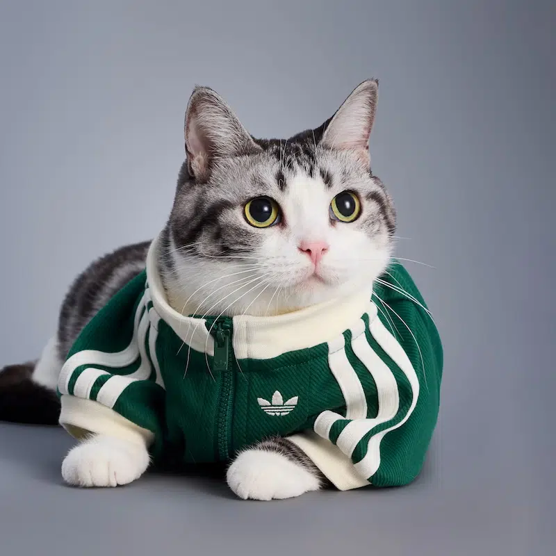 Um gato vestindo uma roupa com o símbolo e nome da marca Adidas