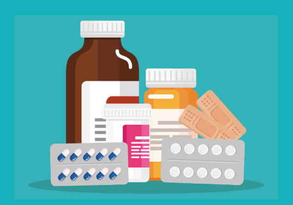 Diversos tipos de remédios representados, cartelas, frascos e cápsulas.